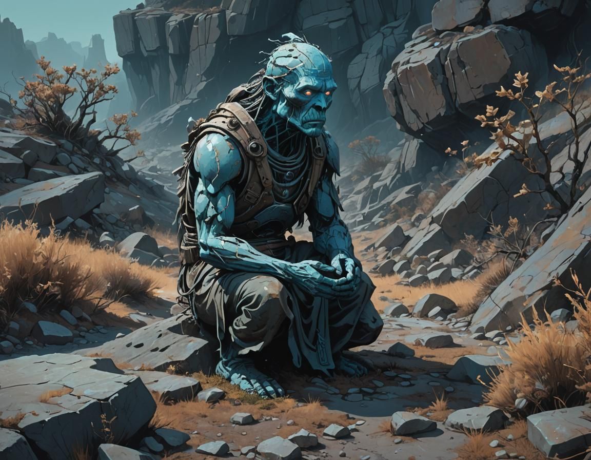 Earth Spirit Kneeling on Rocky Terrain