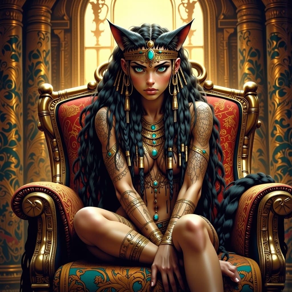 Majestic Pharaoh: Feline God on Jeweled Throne