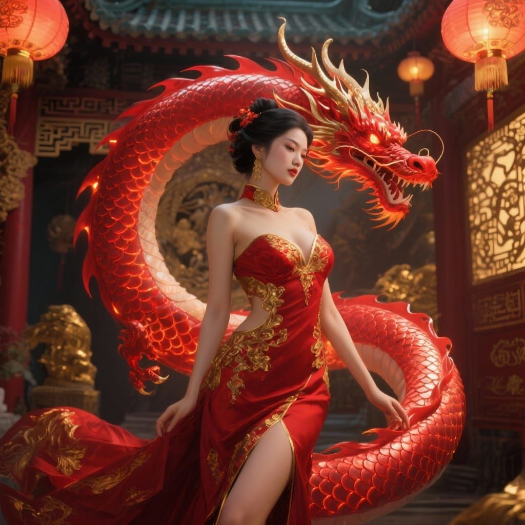Elegant Chinese Woman with Dragon in Red and Gold