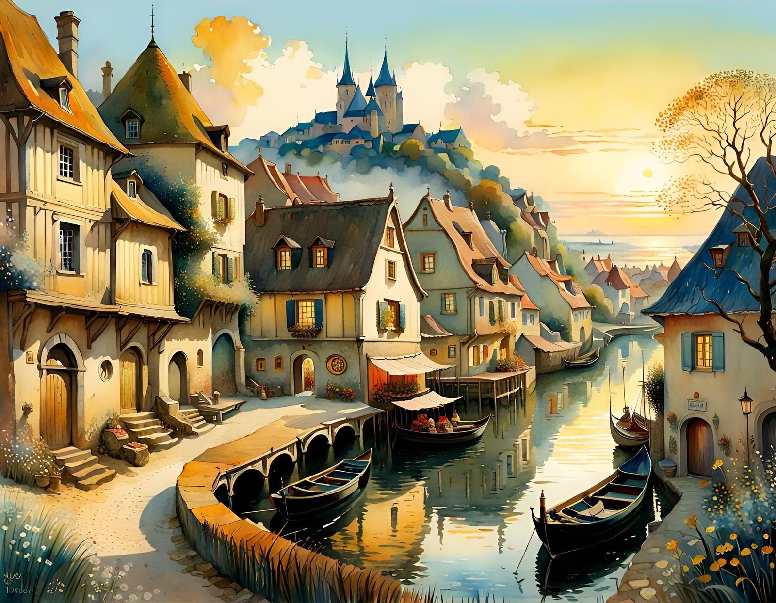 Fantasy Watercolor French Village at Golden Hour