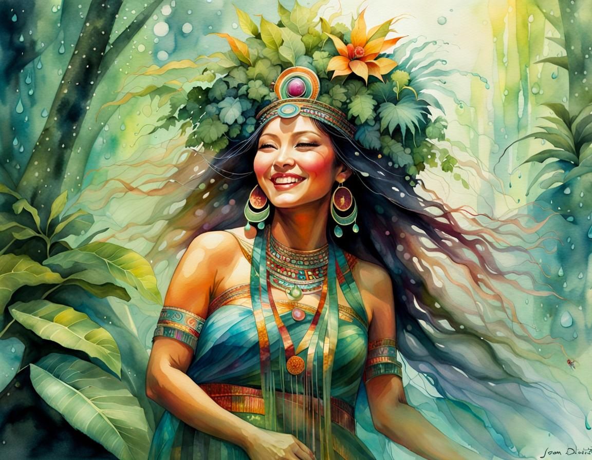 Incan Goddess Dancing in Opalescent Rainforest