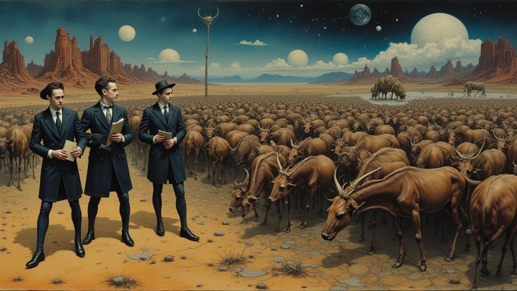 Inspectors Herding Animals in a Surreal Dali-esque Landscape