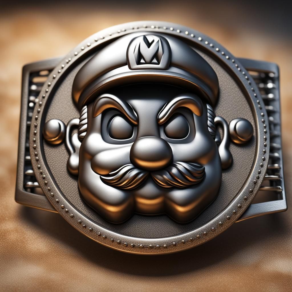 Metal Mario Belt Buckle on Sanded Table