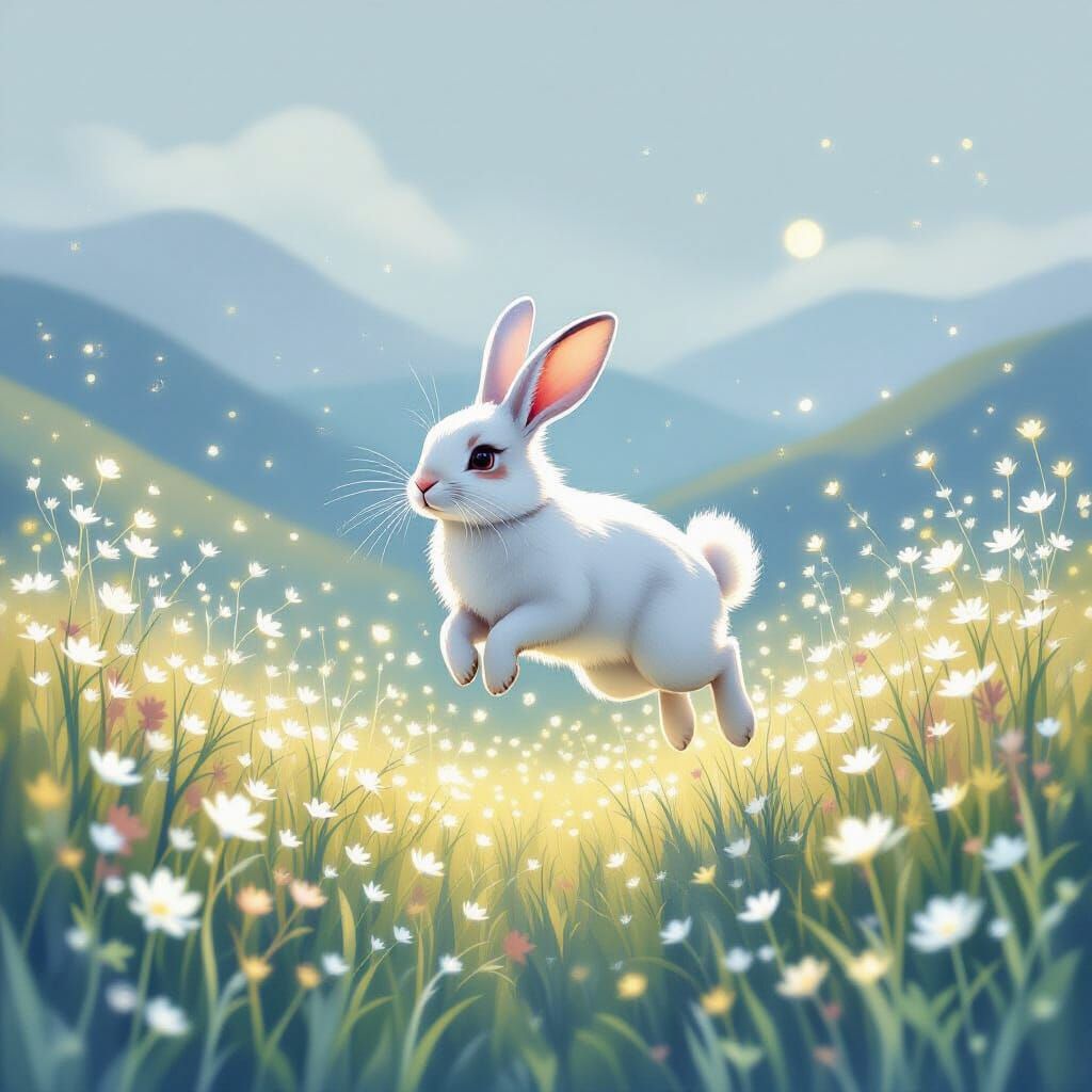Mystical Moonlit Rabbit in Glowing Wildflower Field