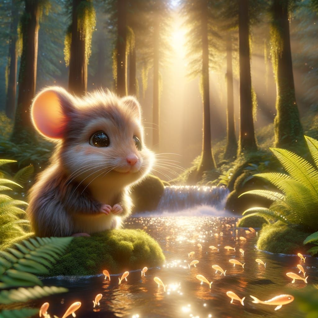 Whimsical Forest Rodent Reels in Radiant Fish in 3D Rendered...