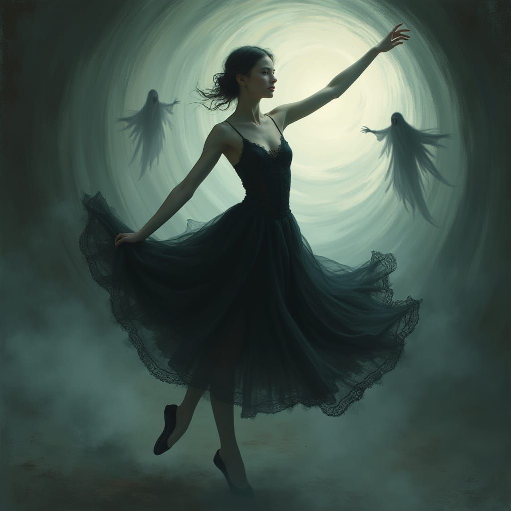 Gothic Ballerina Dancing in Ethereal Vortex