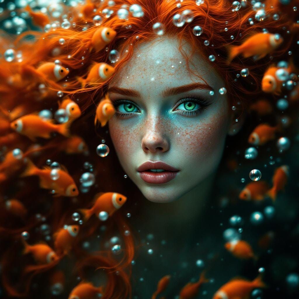 Red-Haired Mermaid Among Orange Fish