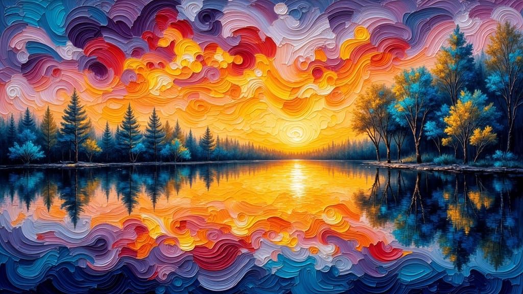 Golden Hour River Scene as Impasto Oil Painting