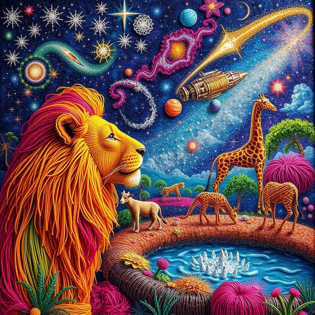 Cosmic Zoo Scene Woven from Colorful Strings