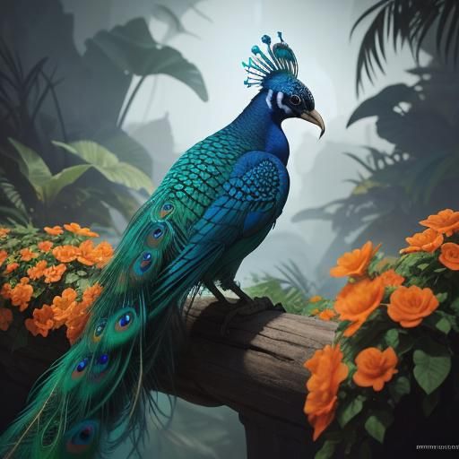 Fantasy Woman with Peacock Feathers, Digital Art