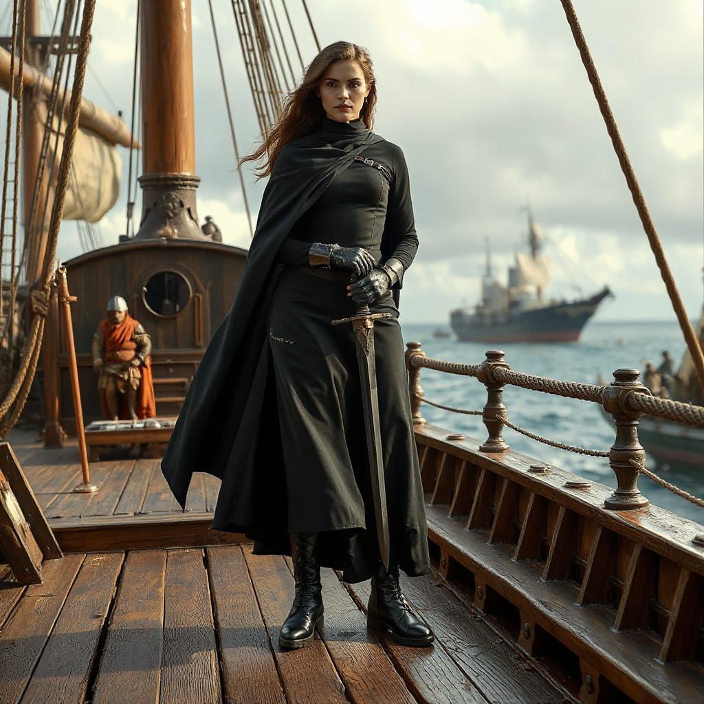 Sensual Artemesia Stands Vigilant on Warship in Photorealist...