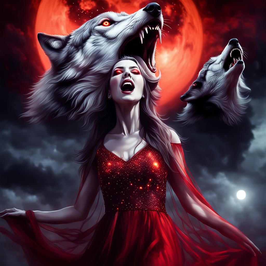 Screaming Girl with Wolves: Horror Double Exposure