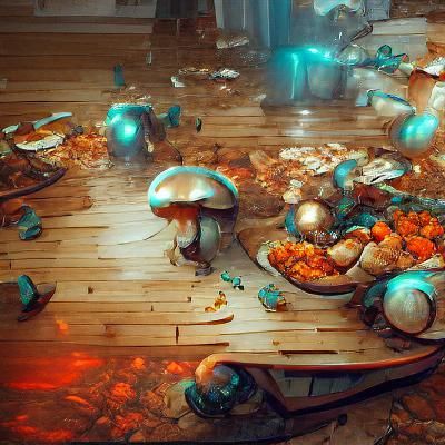 Dystopian Food Fight with Mushrooms in Hyperdetailed Style