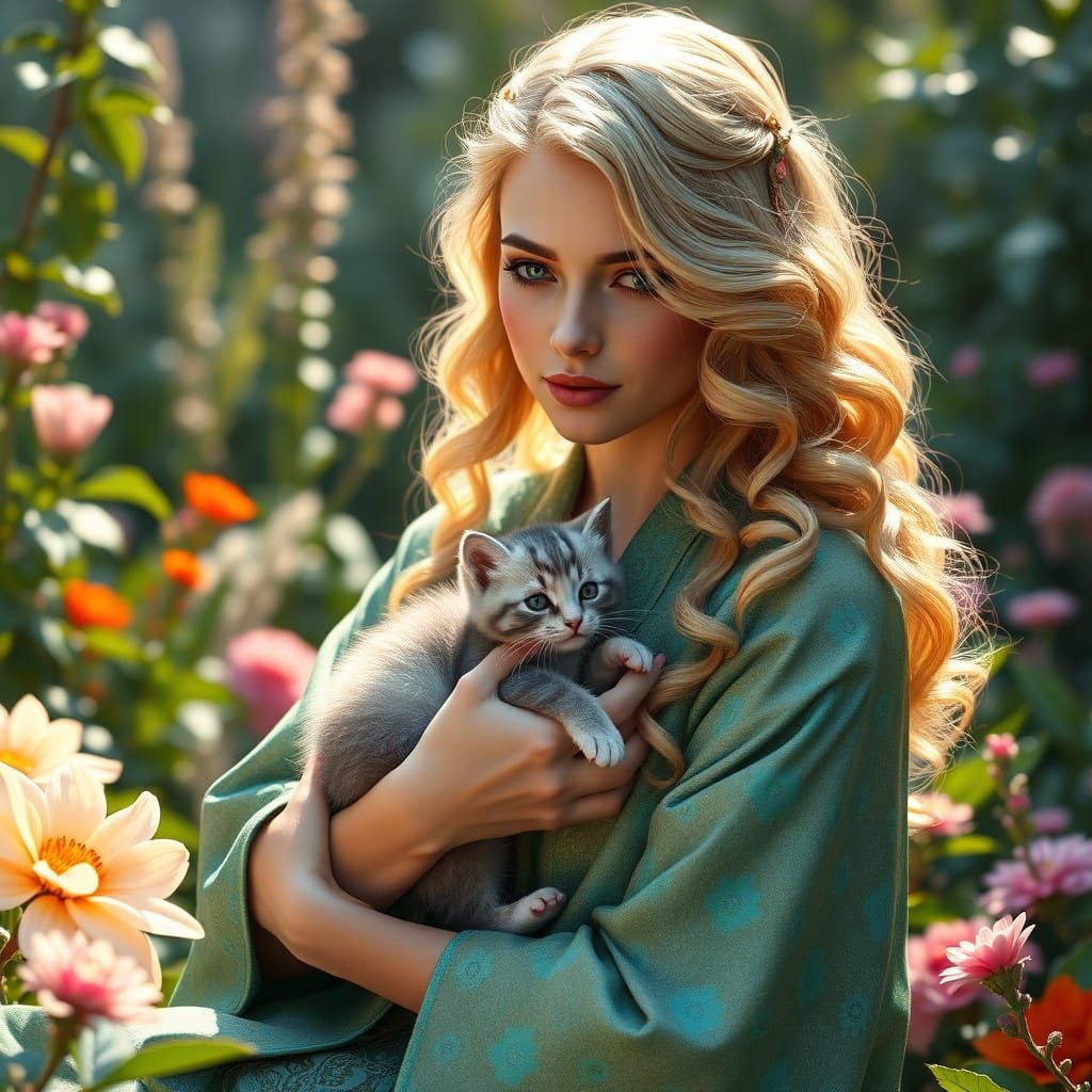 Ethereal European Goddess Radiates in Vibrant Garden