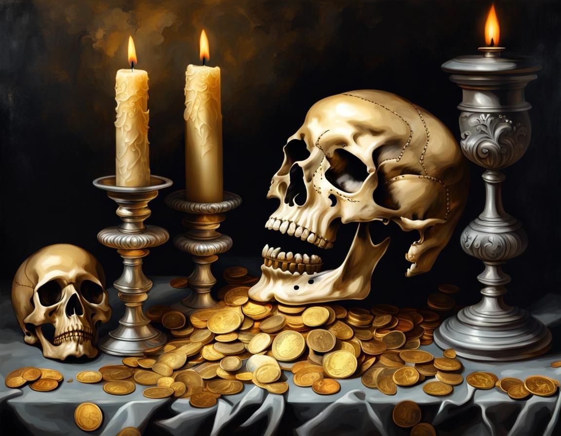 Baroque Still Life with Gold Coins and Skull