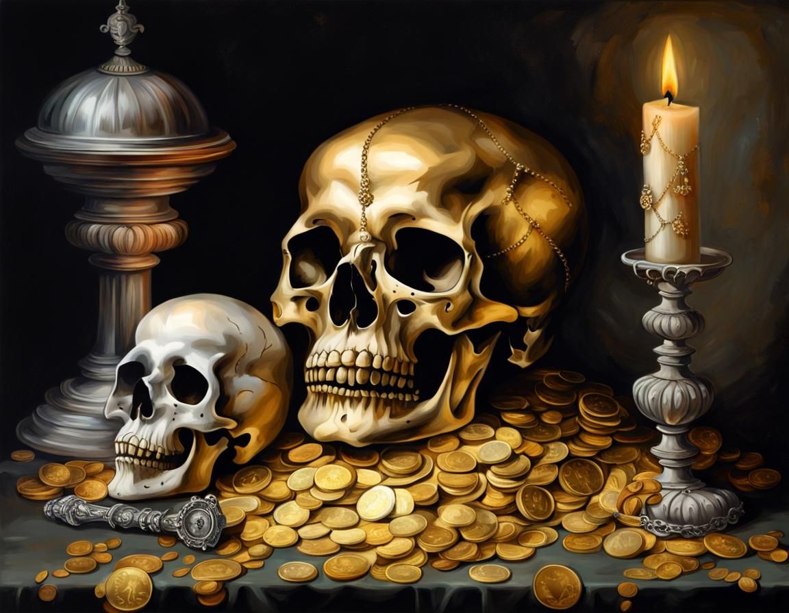 Baroque Still Life: Gold Coins, Crown and Skull