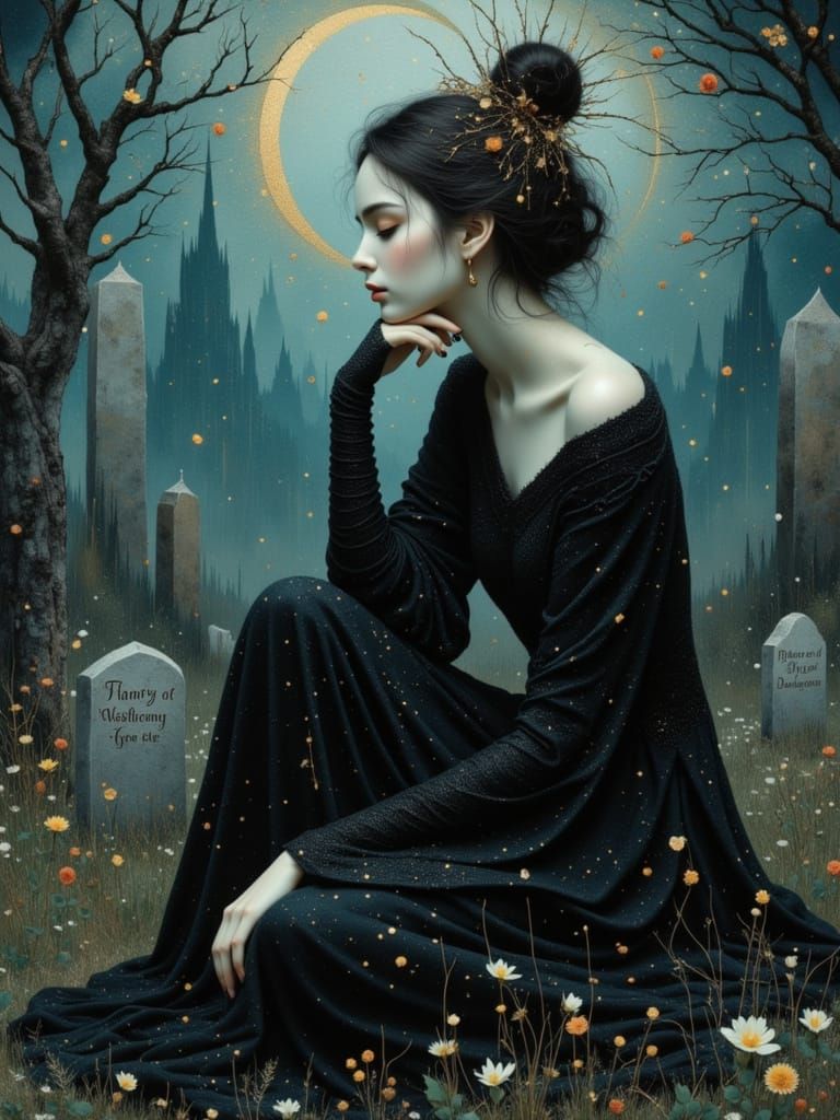 Melancholic Gothic Woman in Surreal, Jewel-Toned Style