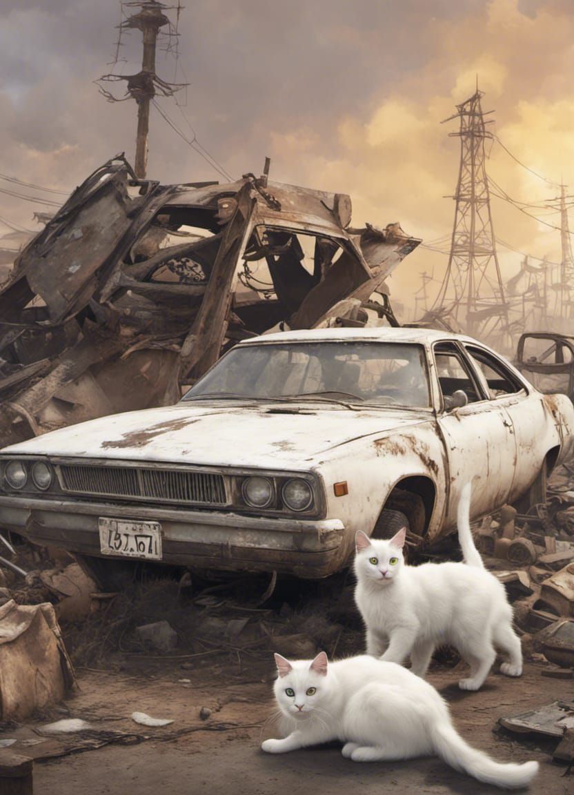 White Cat Walks on Abandoned Car After Apocalypse