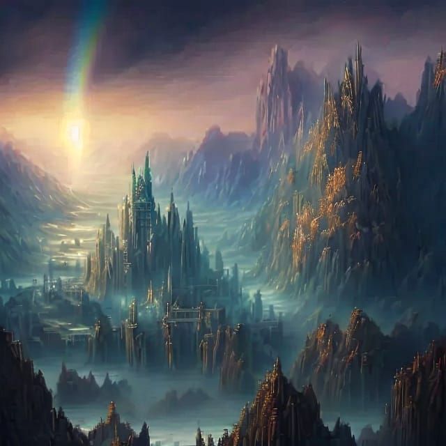 fantastic intricate elaborate fantasy dwarf City built from pointed stone mountains, intricate stone chiseled spires and...