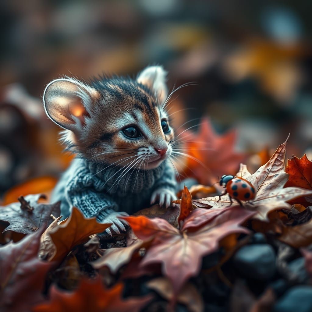 Hyperrealistic Mouse, Cat and Ladybug in Autumn Leaves