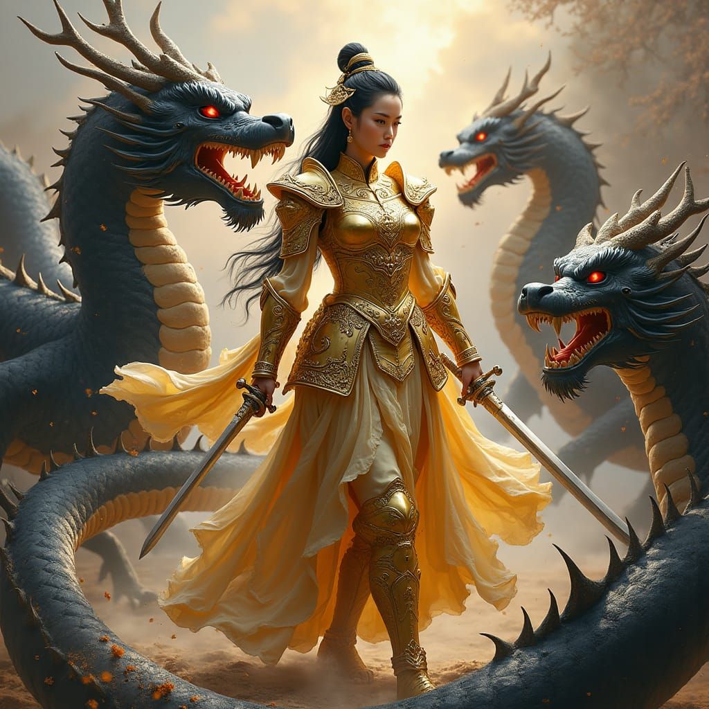 Armored Warrior Battles Dragon in Classic Chinese Art