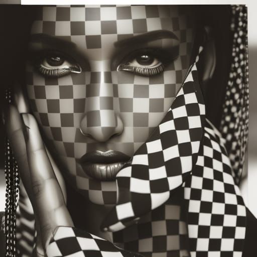 Checkerboard Woman Portrait in Pastel Line Art