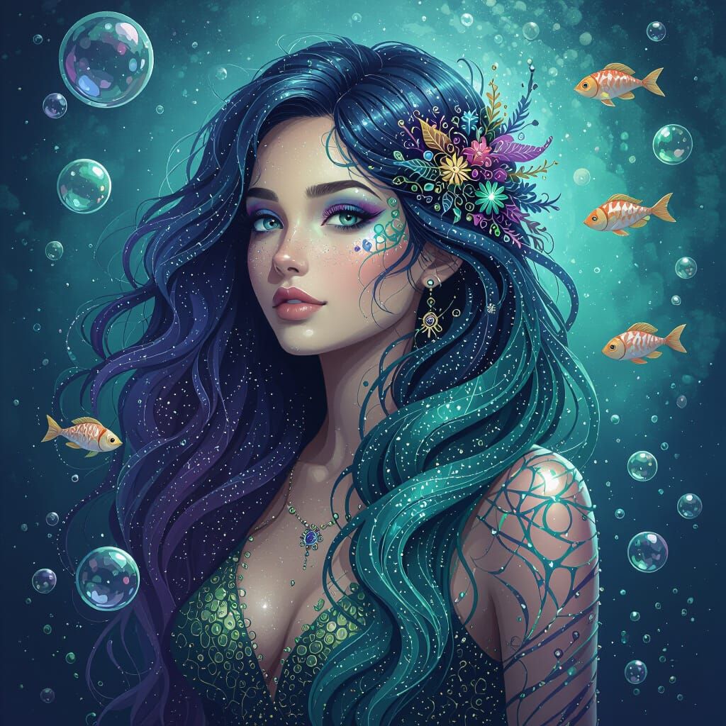 Fractal Mermaid with Bubbles and Fish