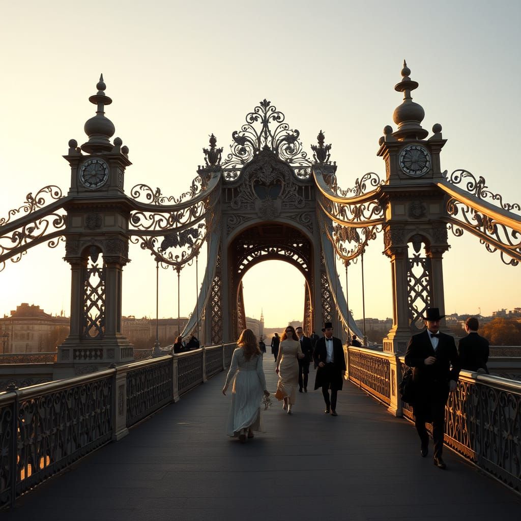 Elegant Jugendstil Bridge in Paris, circa 1900, with Period-...