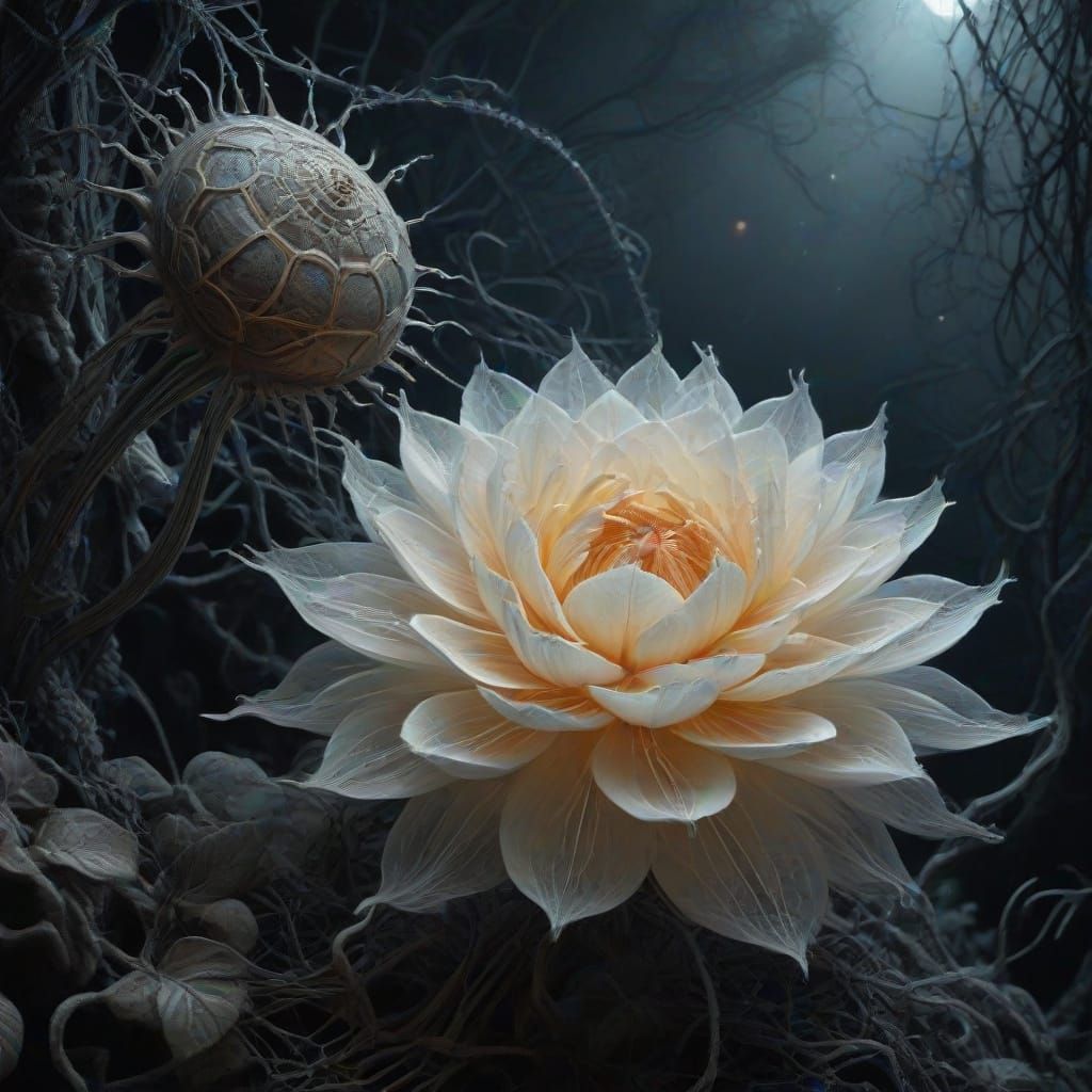 Bioluminescent Rose of Spider Silk on Ornate Cushion