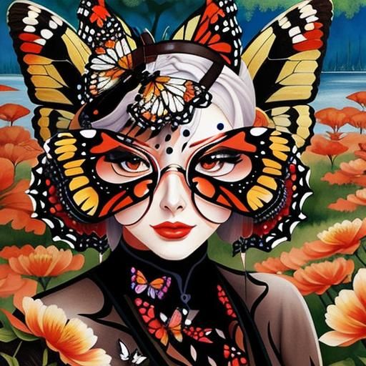 Watercolor Butterflies Near Tree in Ink Painting Style