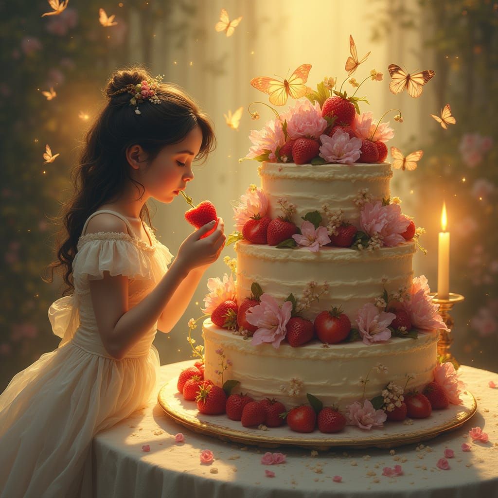 Romantic Whimsy Cake Scene in Dreamy Watercolor Style