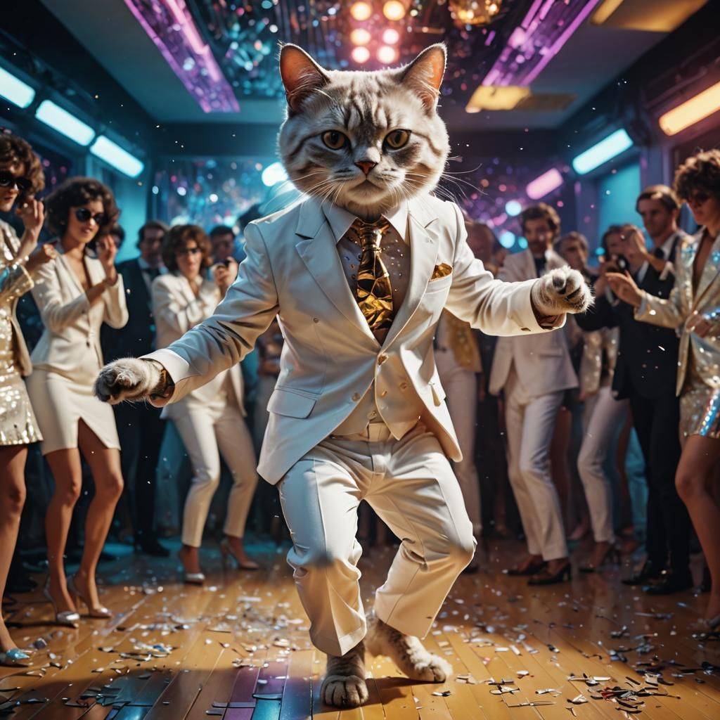 Cat in White Suit Dancing at 1977 Disco