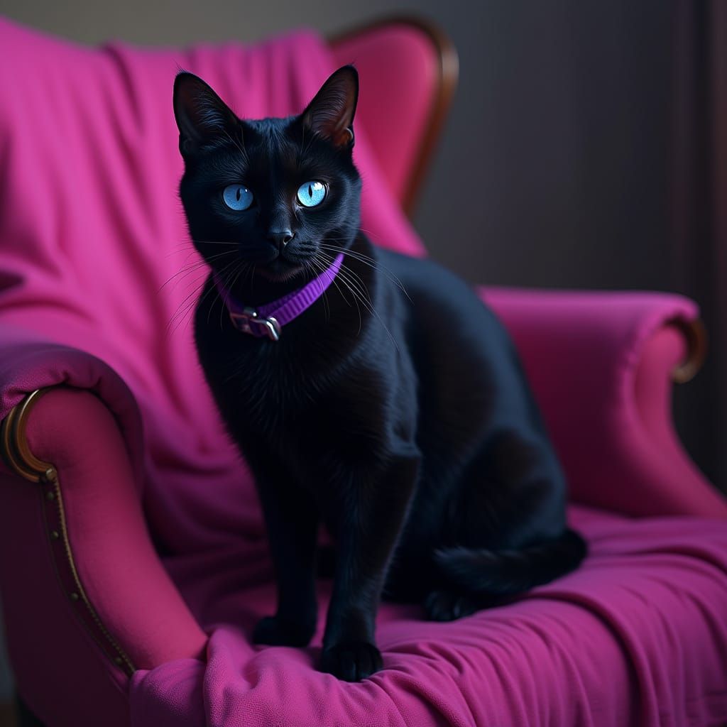 Black Cat with Blue Eyes and Pink Blanket