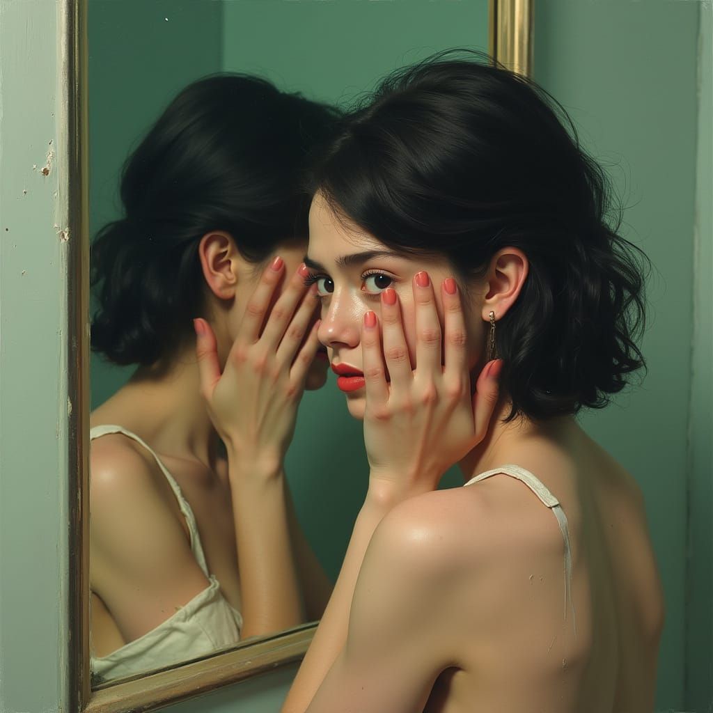 Young Woman Reflects on Her Appearance in a Faded Pastel Pal...