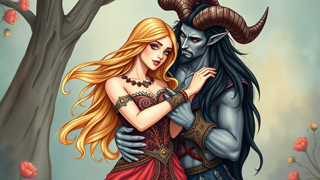 Fantasy Romance: Woman and Horned Man Embrace