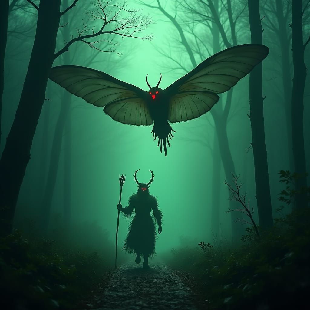 Mothman vs Green Man in Dark Forest