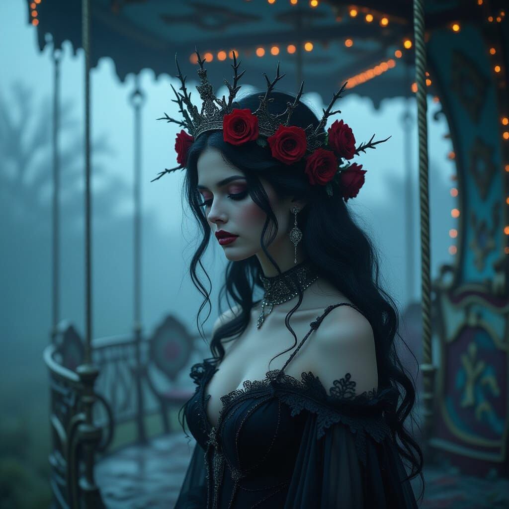 Ethereal Woman on Decaying Carousel in Dark Fantasy Style