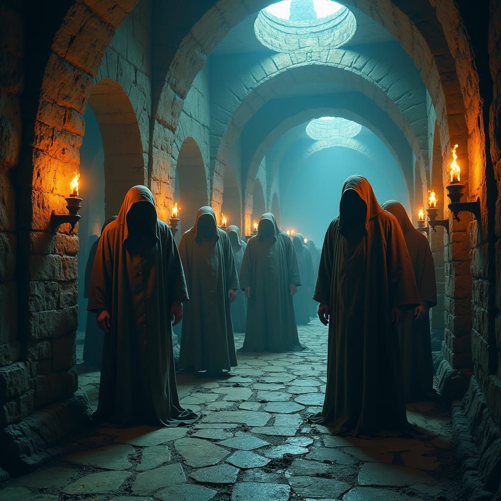 Fantasy Prisoners in Dimly Lit Stone Cell