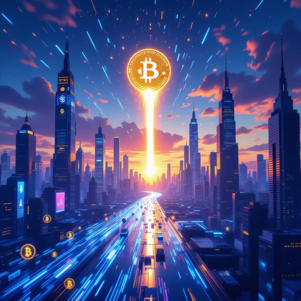 Bitcoin Comet Leads DeFi Through Futuristic City at Dawn