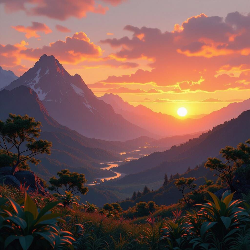 Majestic Mountain Sunset in Matte Painting Style