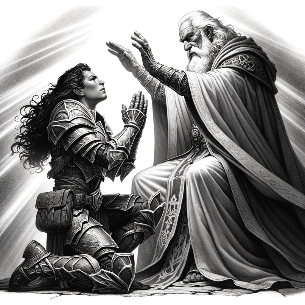 Heroic Warrior Receives Blessing: Pencil Sketch