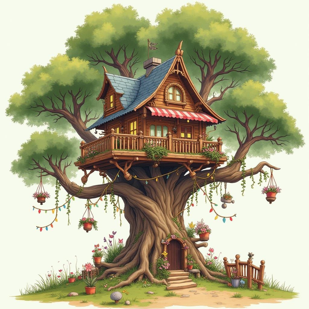 Whimsical Treehouse with Banners in Watercolor Style