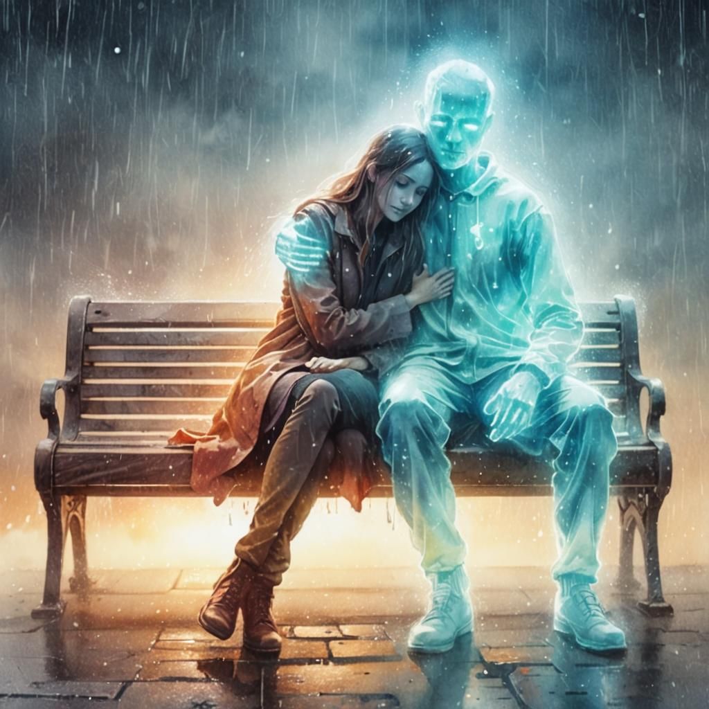 Rainy Embrace: Watercolor Painting of Ghostly Affection