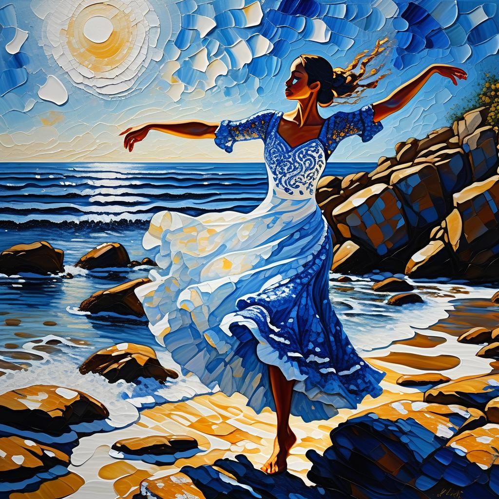 Flamenco Dancer on Rocky Beach: Neo-Impressionist Acrylic