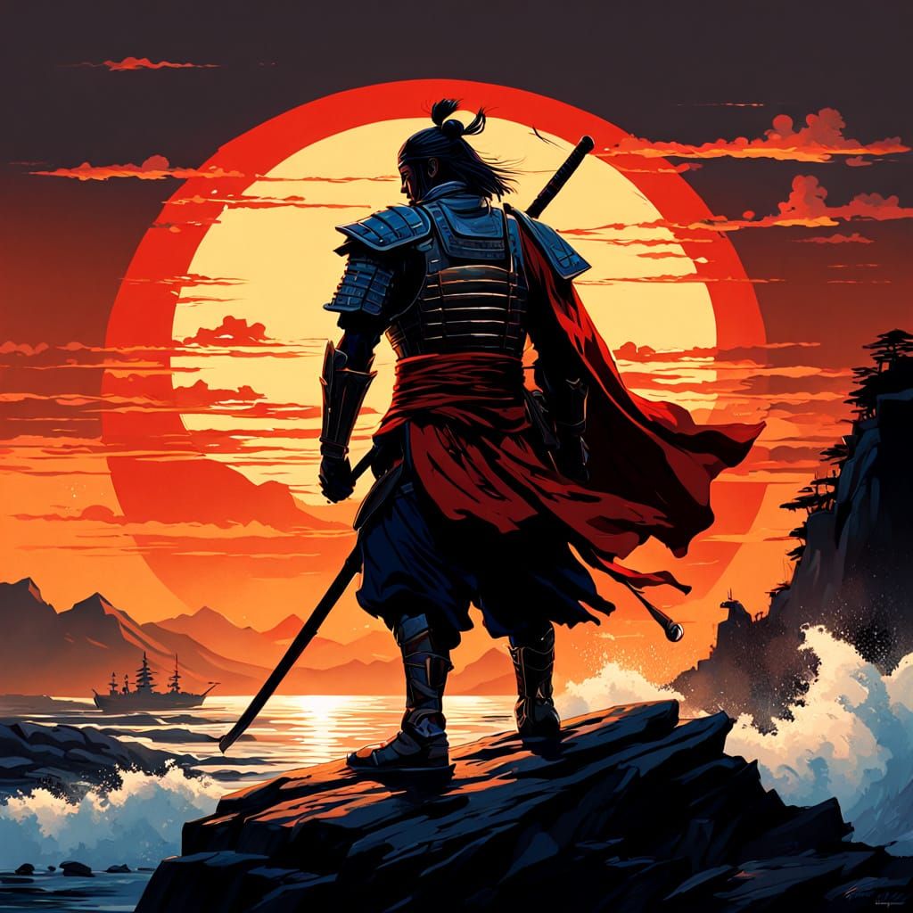 Solemn Samurai Warrior Basks in Golden Hour