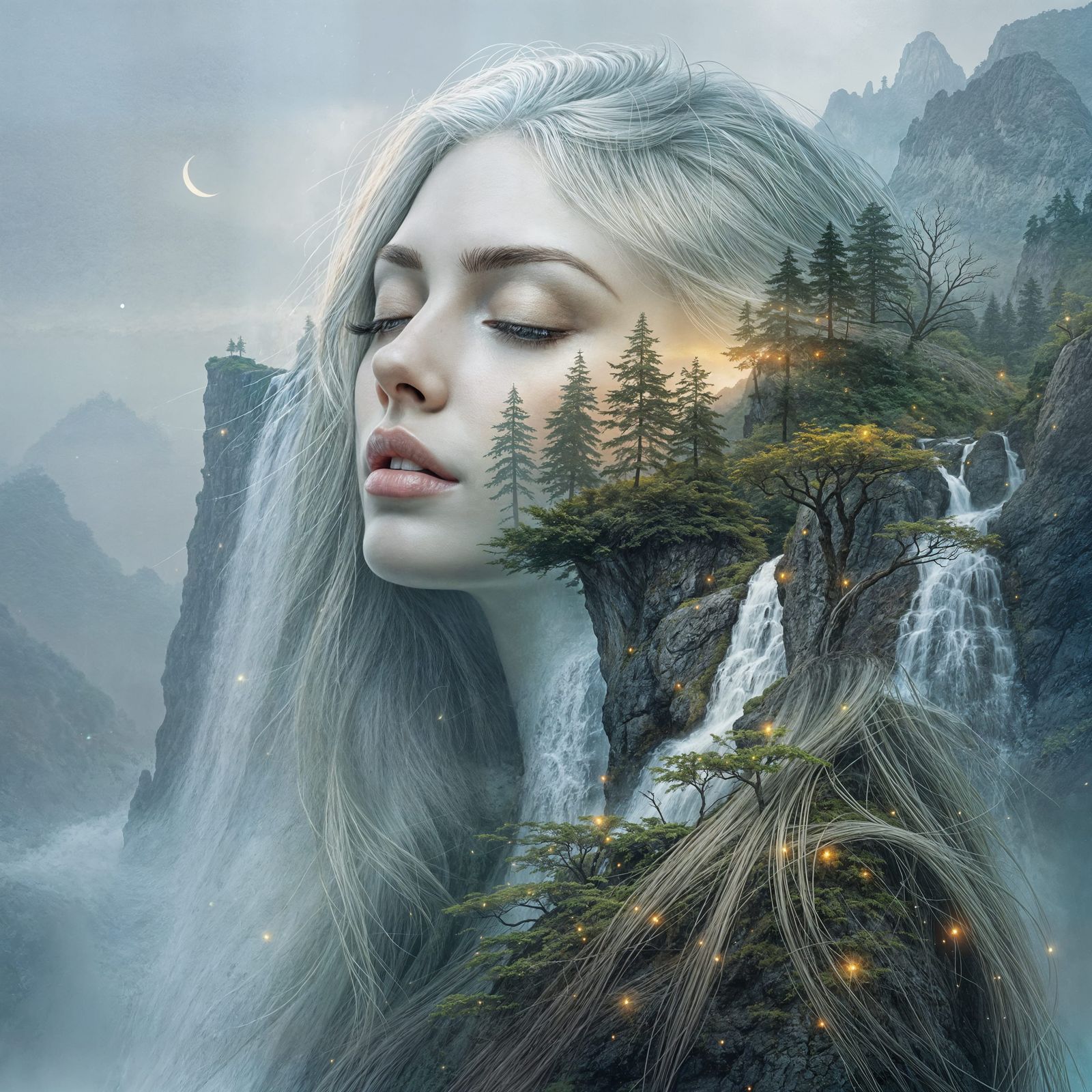 Ethereal Woman Blends with Mystical Forest Landscape