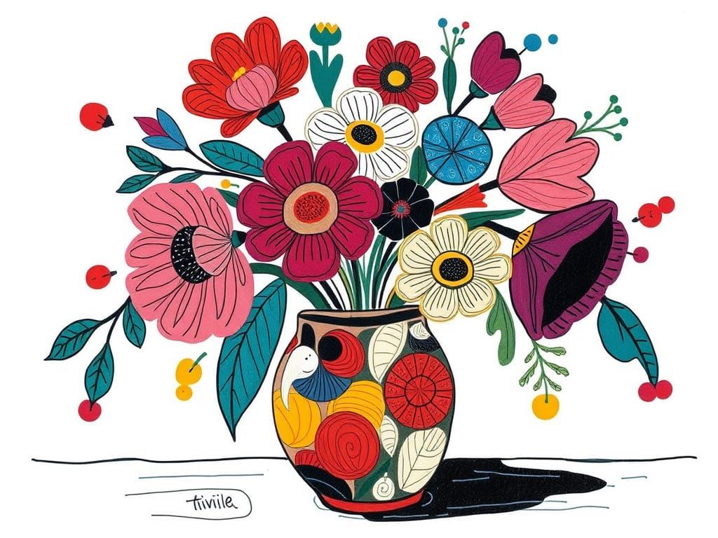 Whimsical Still Life of Flowers in a Vase, in Bold Maximalis...