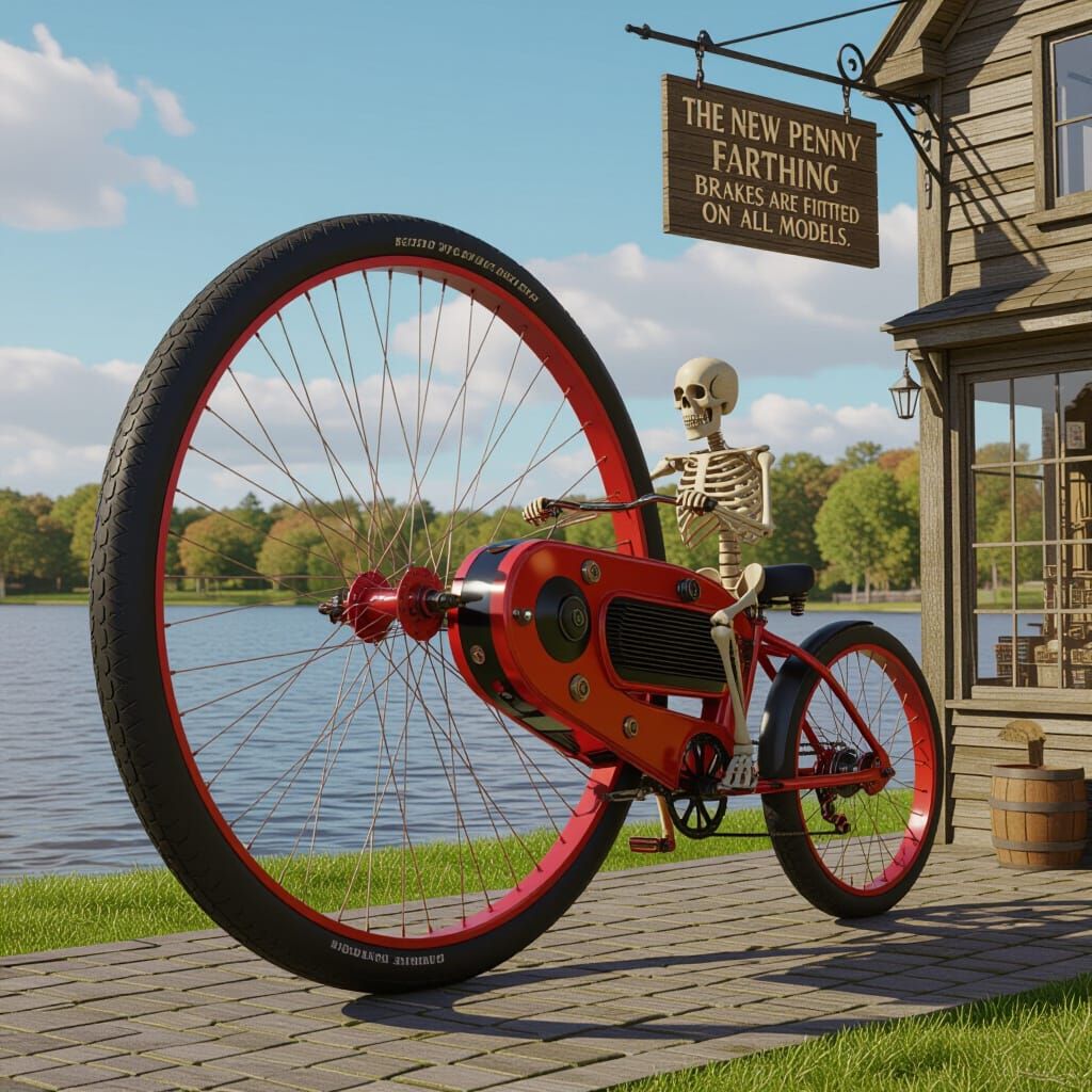 Skeleton Biker Rides Vintage Penny Farthing by Lake