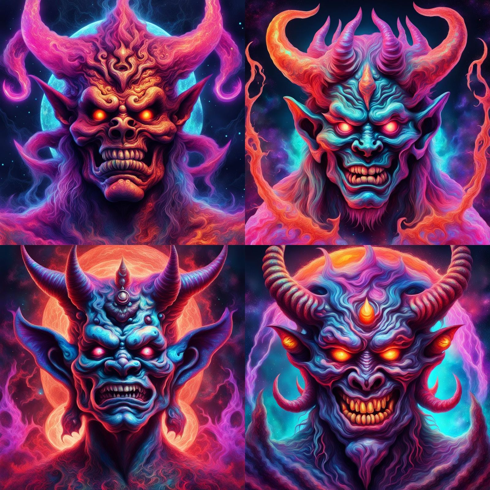 Scary Halloween Oni: Holographic Astral Cosmic Illustration