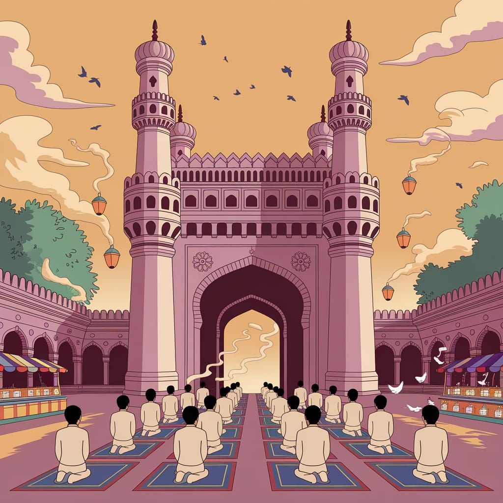 Whimsical Studio Ghibli Scene of Hyderabad's Charminar at Su...